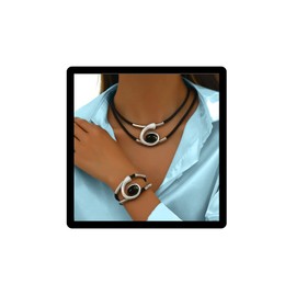 sunglnl Gold Jewelry Set, Bohemian Double-Layer Black Rope With Oval Black Acrylic Pendant Necklace And Bracelet Set Vintage Trendy Gold Necklaces Bracelets For Women Gift, Large, Acrylic Zinc, No