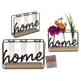 Home Metal Plant Holder on Wooden Plate with 3 Test Tubes, Approx. 20 x 6 x 13.5 cm