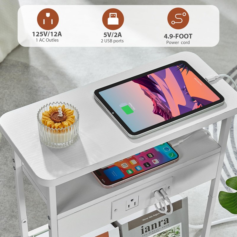 YEAKOO Narrow Side Table with Charging Station, 3-Tier End Table