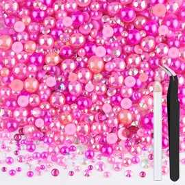 80g Flatback Pearls and Rhinestones for Crafting, Dark Pink Mixed Size 3-10mm Resin Rhinestones and Half Pearls for Bedazzling, Nail Art and Decoration with Tweezer and Pickup Pencil