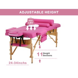 Massage Tables Portable Lash Bed 73 inch Tattoo Table, Height Adjustable Portable Spa Bed, 3 Folding Chiropractic Table w/Carry Case/Face Cradle/Hand Pallet/Towel Hanger/Oil Pouch/Sheet/2 Bolster