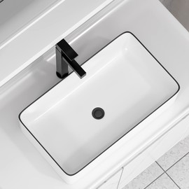 Vessel Sink Rectangular For Bathroom - Fulorni 24"x14" White Bathroom Vessel Sink with Black Rim Above Counter Rectangle Vanity Lavatory Bath Sink Basin