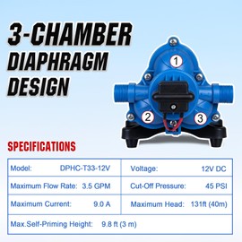 DC HOUSE 12V RV Water Diaphragm Pump Quiet Replacement, 3.5GPM 45PSI On Demand Self Priming Fresh Water Pump with Pressure Switch for Camper, Marine, Boat, Travel Trailer & Off-Grid Use