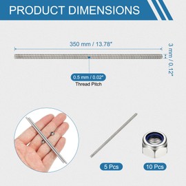 PATIKIL 5 Pcs Fully Threaded Rod, M3 x 350mm 304 Stainless Steel Right Hand Long Thread Bar Studs with Nuts for Pipes Clamps Hangers U-Bolts