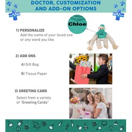 DolliBu Long Arm Hanging White Squirrel Monkey Doctor Plush Toy - Super Soft Monkey Doctor Stuffed Animal with Scrub Uniform and Cap Outfit - Plush with Personalization - 21 Inch