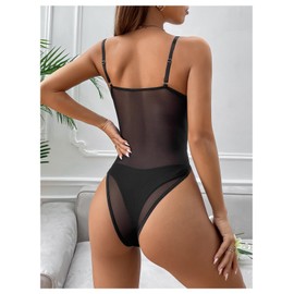 SweatyRocks Women's Floral Lace Mesh Corset Bodysuit Sheer Cut Out Sleeveless Bustier Leotards Black Medium