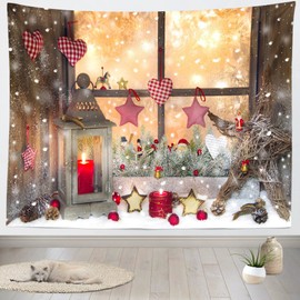 BELECO Christmas Tapestry Wall Hanging Christmas Window Winter Scene Snowflakes Lantern Stars Gifts Art Wall Decor 80x60 Inch Christmas Xmas Party Decorations Backdrop Bedroom Living Room Home Decor