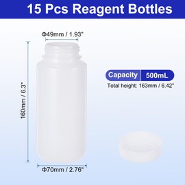 PATIKIL 15 Pcs 500ml Reagent Bottles, HDPE Wide Mouth Round Bottles with Screw Cap for Lab Water Reagent Liquids Solid Sample Storage Seal, Translucent White