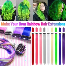 12 PCS Green Hair Extensions Clip in, Colored Party Highlights Extension for Kids Girls Synthetic Hairpiece Straight 22 inch