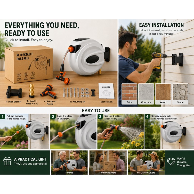 SucceBuy Retractable Garden Hose Reel 180° Swivel Bracket Wall-Mounted with