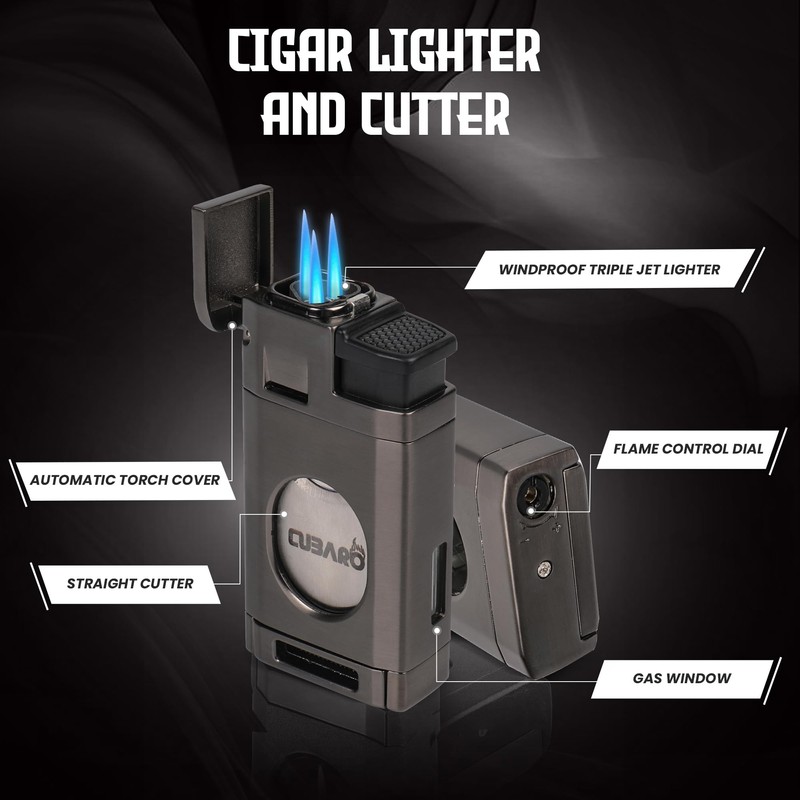 CUBARO Cigar Lighter with Guillotine Cutter – Triple Jet Torch