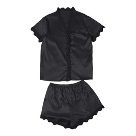 Celucke Women Satin Pajama Set, Lace Trim Sleepwear Short Sleeve Top Shorts Comfortable Summer Nightwear Soft Home Outfit, Satin Pyjamas For Women, Pj Shorts Set, Ladies Comfort Lounge Wear Black