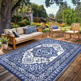 GarveeHome 8x10 Outdoor Rug Waterproof Reversible Outdoor Plastic Straw Rug Vintage Oriental Medallion Patio Rug Indoor Outdoor Carpet RV Mat Outside for Patio Camp Balcony Deck Picnic, Navy and White