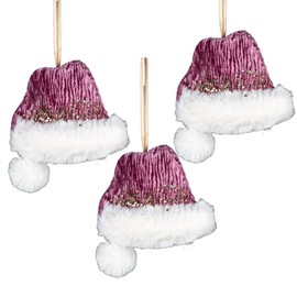 3Pcs Pink Burgundy Mini Santa Hat 13x12cm - Christmas Tree Hanging Decorations Festive Decorative Ornaments Fairy Tale Themed Xmas Tree Pendant