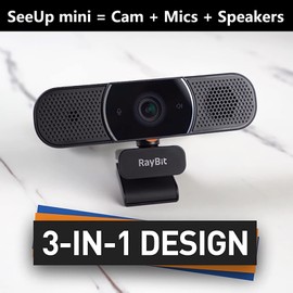 RayBit 3 in 1 Webcam - 2K HD USB C Webcam with Microphone, Speaker and Privacy Cover, Noise Reduction & Stereo Sound, Autofocus Conference Web Camera for Computer/PC/Desktop/Laptop/Zoom/Skype/Teams…