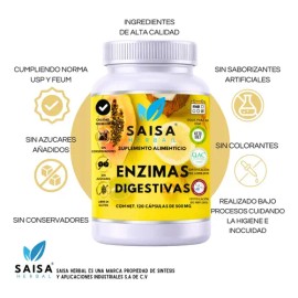 Enzimas Digestivas 120 Cápsulas Mezcla ideal | Suplemento Premium para Mejor Digestión, Hinchazón y Absorción de Nutrientes | Saisa Herbal