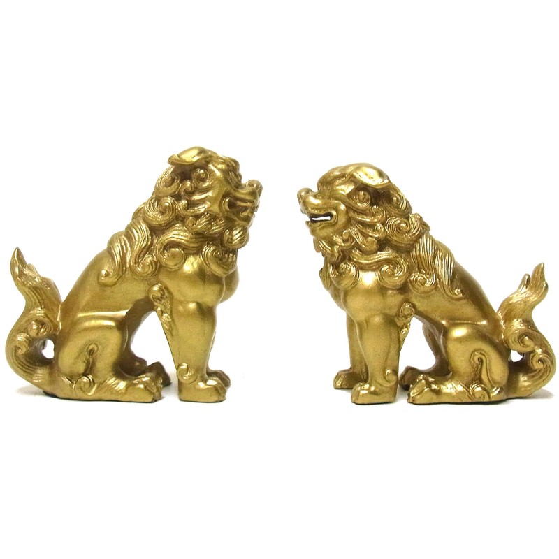 Feng Shui Lucky Figurine Komainu (Lion) Golden 3.1 inches (8