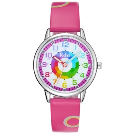 KDM Children's Watch Girls Boys Waterproof Cartoon Watch Children Girls Time Leather Teaching Wrist Watch Children's Watch Analogue, B-2【Rainbow Circle】Red, Strap.