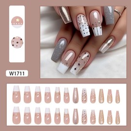 24Pcs Fake Nails Press on Nails Medium Long Coffin French Tip with Nude White Gold Glitter Design Acrylic False Nails Thick Glossy Full Cover Glue on Nails Stick on Nails for Women W1711