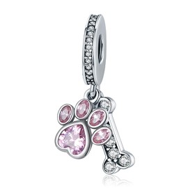 LaMenars Charms Pink Paw Dangle 925 Sterling Silver Dog Bone Pendant Bead with Zirconia Fits Europe Charm Bracelet Necklace, Gifts for Women Girls, Cubic Zirconia