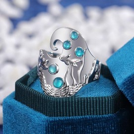 XRCXBLSC 925 Sterling Silver Underwater World Carved Fish Ring Gemstone Jewelry Sapphire Diamond Wedding Ring Eternity Engagement Ring Blue Crystal Ring Party Ring Aquamarine Gemstone Band Ring （O）