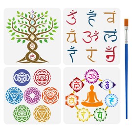 FINGERINSPIRE 4Styles Religious Themes Stencils with a Brush 30x30cm Chakra Symbols Painting Templates Yoga Pattern Stencils PET Tree of Life Templates Om Symbols Template for Wood Wall Floor Tiles