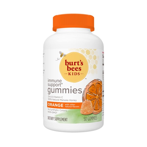 Burt's Bees Kids Immune Support Gummies: Vitamin C and Zinc, Natural Manuka Honey, Orange Flavor, 50 Count