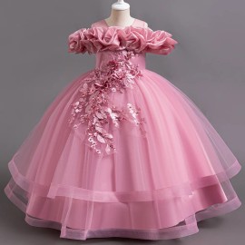 Elegant Girl Piano Performance Dress Flower Girl Wedding Bridesmaid Dress for 4-12 Years O-Neck Crocheted Beading Short forSize: 140, Color: Pink, Age: 2-3Y