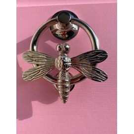Silver Dragonfly Door Knocker for Front Door | Polished Solid Brass Silver/Chrome Knockers with Strike Plate | UPVC | Dragonfly Front Door Furniture with a Unique Design