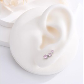 Sterling Silver Stud Earrings for Women Girls, Hypoallergenic Silver Climber Stud Earrings with 3 Stone Pink Cubic Zriconia Jewelry Gifts for Birthday Wedding