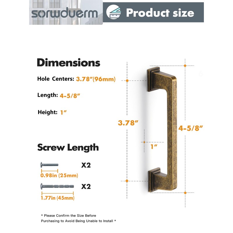 SORWDUERM 5 Pack Antique Brass Cabinet Pulls Square 3.78"(96mm) Hole
