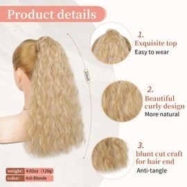 JWLFLOWXISS Ponytail Extension, 22 Inch Drawstring Ponytail Pony Tails for Women Clip in Hair Extension Ponytail Wrap Around Ponytail Curly Long Wavy Synthetic Hairpiece for Daily Use