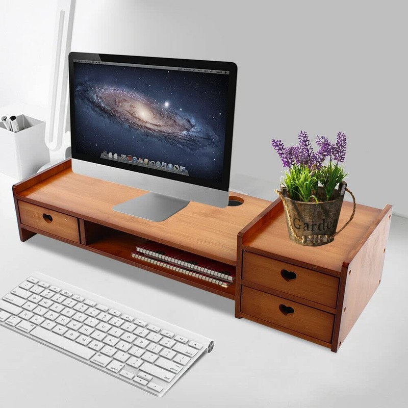 GDAE10 Monitor Stand Riser with 3 Drawers 2-Tier Bamboo Wood