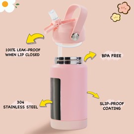 Kerilyn 12oz Kids Water Bottle, Stainless Steel Insulated Water Bottle for Kids, Toddler Cup With Straws Leak-proof, Toddler Water Bottles for School Boys Girls, BPA Free, Pink