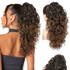 Flufymooz Extension a coda di cavallo al 100% con proteine pure, 45,7 cm, extension per capelli ricci a coda di cavallo con clip a pinza, capelli naturali e morbidi, da donna, colore marrone mandorla