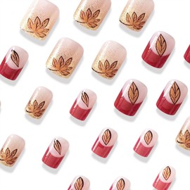 Vopintpy Glitter Maple Leaf Press on Nails Short Square Thanksgiving Fake Nails Red French Tip Acrylic Nails Autumn Maple Leaves Glue on Nails Reusable Fall Stick on Nails for Women DIY Manicure