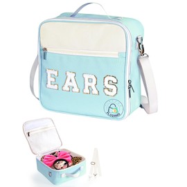 Mouse Ears Travel Case Multipocket Large Chenille Letter Mouse Ears Headband Holder with Shoulder Strap 11"x11"x4.5" (Blue and White)