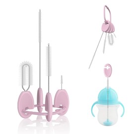 VOGOGE Baby Straw Brush Set, 4 Piece Cleaner Kit with Standable Key Ring, for Sippy Cups, Weighted Straw Cups & Baby Bottles – Designed for 0–24 Months, Pink