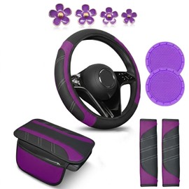10PCS Car Interior Accessories Sets,Steering Wheel Cover, Seat Belt Cover Pads, Center Console Cover,Cup Holder Coasters,Air Vent Decorative Clip(Purple)