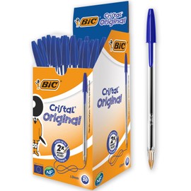 BIC Cristal Original Ballpoint Pens 0.4mm Line Width Blue Ink Transparent Barrel Bulk Pack of 50