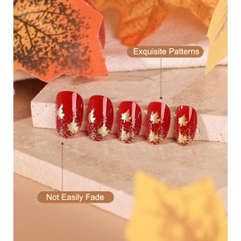 Kikmoya 24Pcs Fall Press on Nails Short Oval Deep Red Fake Nails with Gold Glitter Maple Leaves Designs Glossy False Nails Autumn Nails Full Cover Stick on Nails for Women (Gold Glitter Maple Leaves)