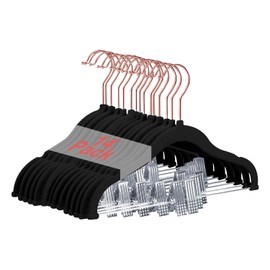 Wellong Baby Hangers with Clips, 14 Packs Kids Velvet Clothes Hangers, Heavy-Duty Childrens Pant Hangers for Shirts, Pants, Skirts, Dresses, Jackets, Coat Black - Rose Gold Hook