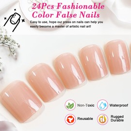 Ceboic 24Pcs Nude Press on Nails Short, Skin Tone False Nails Square Acrylic Fake Nails, Solid Color Glue on Nails with Jelly Glue Stickers, Natural Artificial Stick on Nails for Women DIY Manicure