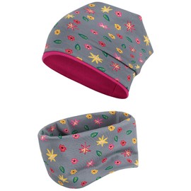 Smarilla Transition Hat + Tube Scarf Beanie Fabric Hat Girls Boys Set Loop Cotton, Gray-Pink Flowers