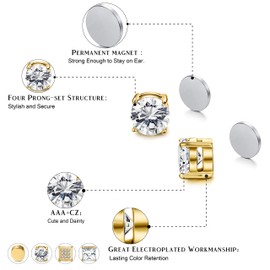 Jstyle 4 Pairs Stainless Steel Magnetic Stud Earrings for Men Women Gold CZ Non-Piercing Clip On Stud Earrings Set 6-8MM