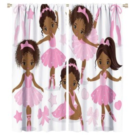 Pink African American Ballerina Window Curtain, Cute Little African American Ballerinas Ballet Princess Dancer Room Darkening Door Window Rod Pocket Curtain for Girls Kids Bedroom Living Room 42x45in