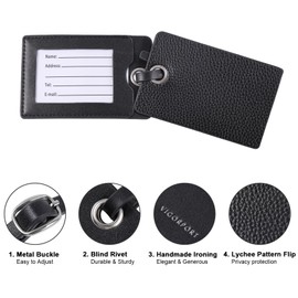 Vigorport Luggage Tag for Suitcase Women Men, 2 Pack Premium Faux Leather Travel Bag Labels, Privacy Protection Suitcase Tags (Black)