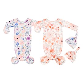 Vollmic Newborn Baby Knotted Gown Sleeper Gown with Mittens Long Sleeve Nightgown Baby Coming Home Outfit with Hat 2 Pieces (Purple and Orange Floral, 0-3 month)