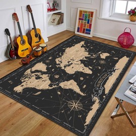 PeeNoke World Map Vintage Black Golden Detailed Area Rug Outdoor Patio Rug Play Mat Modern Floor Carpet Non-Slip Home Decor Living Room Kids Bedroom Nursery, 6x9 ft