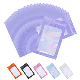 100 Pack Resealable Bags Clear Holographic Bags Smell Proof Packaging Baggies,Mylar Bags for Food Storage,Bags for Small Business,Snack, Cookie, Jewelry Sample, Candy, Gift (Purple, 2.4×3.9 inch)